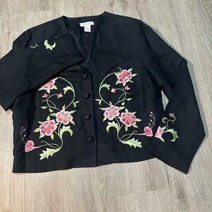 Vintage Kenar Black Jacket with Pink Floral Embroidery Size 10